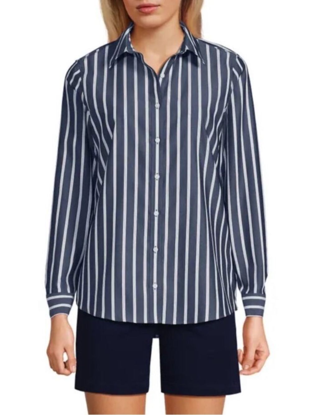 Lands' End Navy and White Vertical Stripe 100% Linen Button-Down Shirt Sz XL